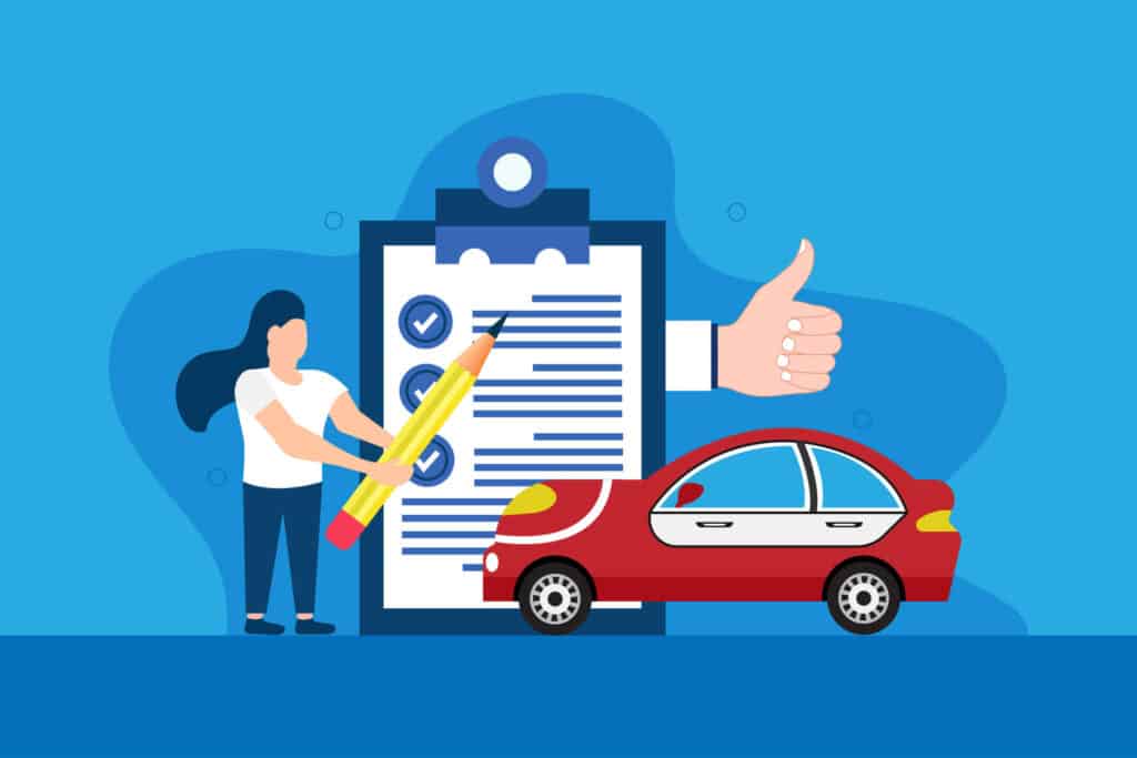 Which provisions are most common to include in a Temecula lease agreement? Cartoon of car and California landlord holding pencil to list of provisions on lease agreement.